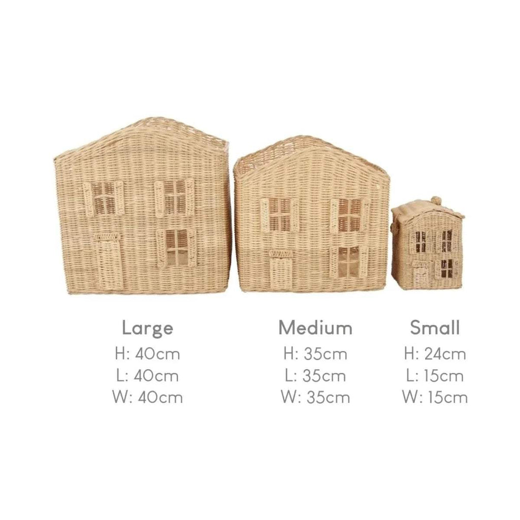 Three tan woven storage baskets—large, medium, and small sizes shown