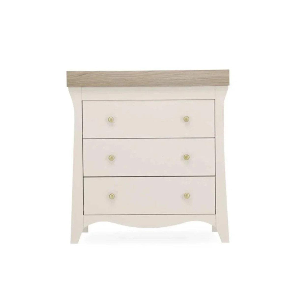 White nursery 3-drawer chest with brass knobs and wood top