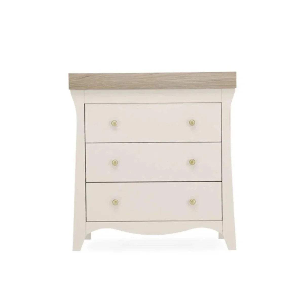 White nursery 3-drawer chest with brass knobs and wood top