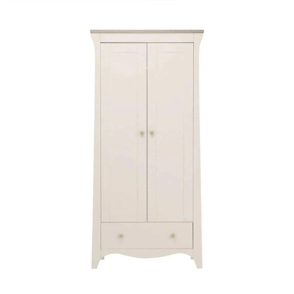 Nursery wardrobe cabinet in off-white with two panel doors and brass knobs