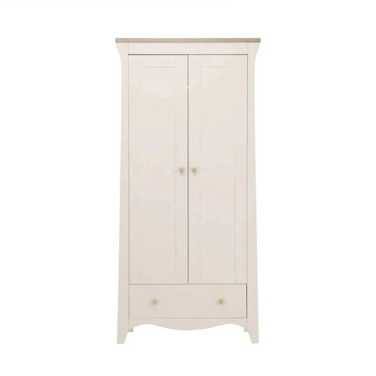 Nursery wardrobe cabinet in off-white with two panel doors and brass knobs