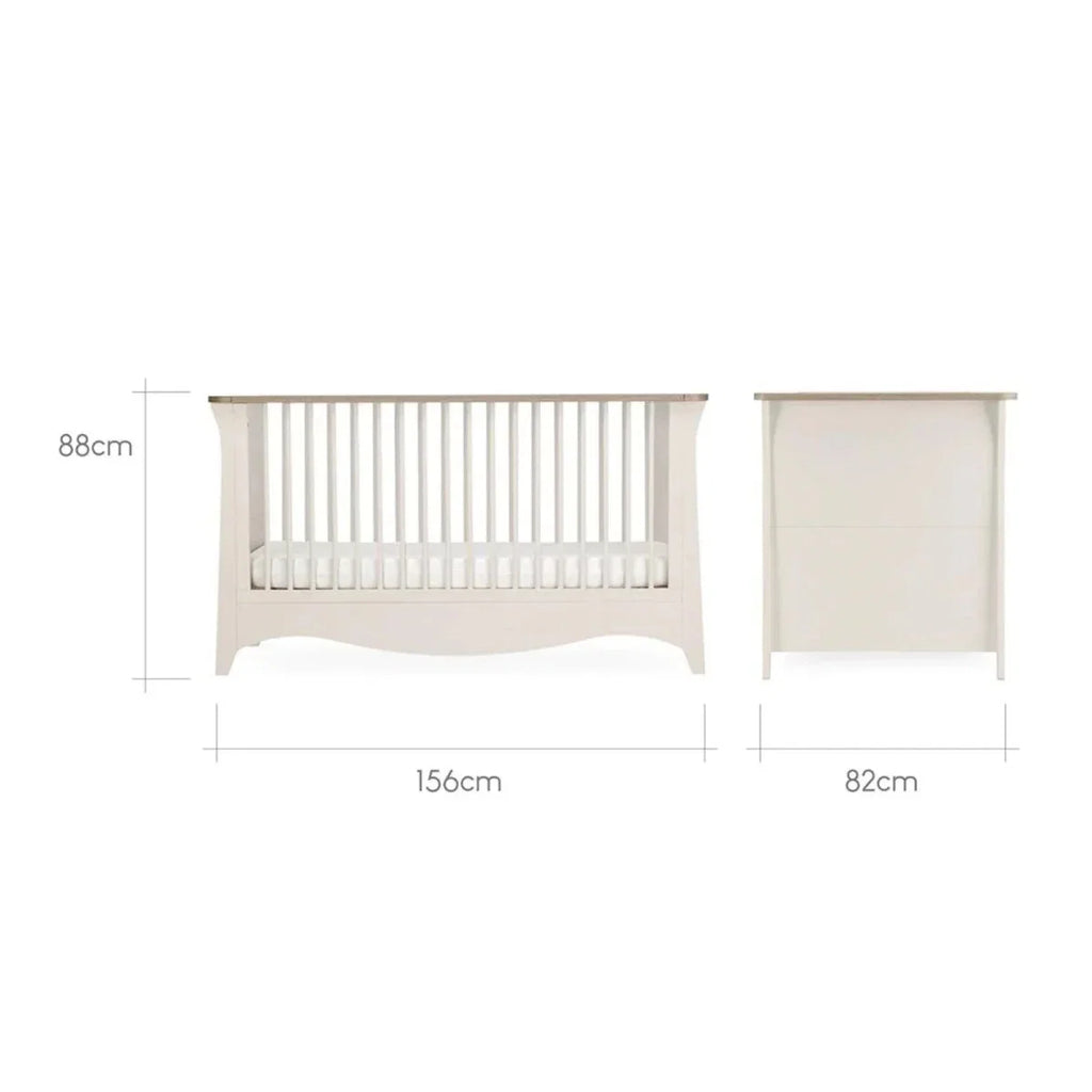 White nursery crib and 3-drawer dresser with dimension labels: 156cm x 82cm x 88cm