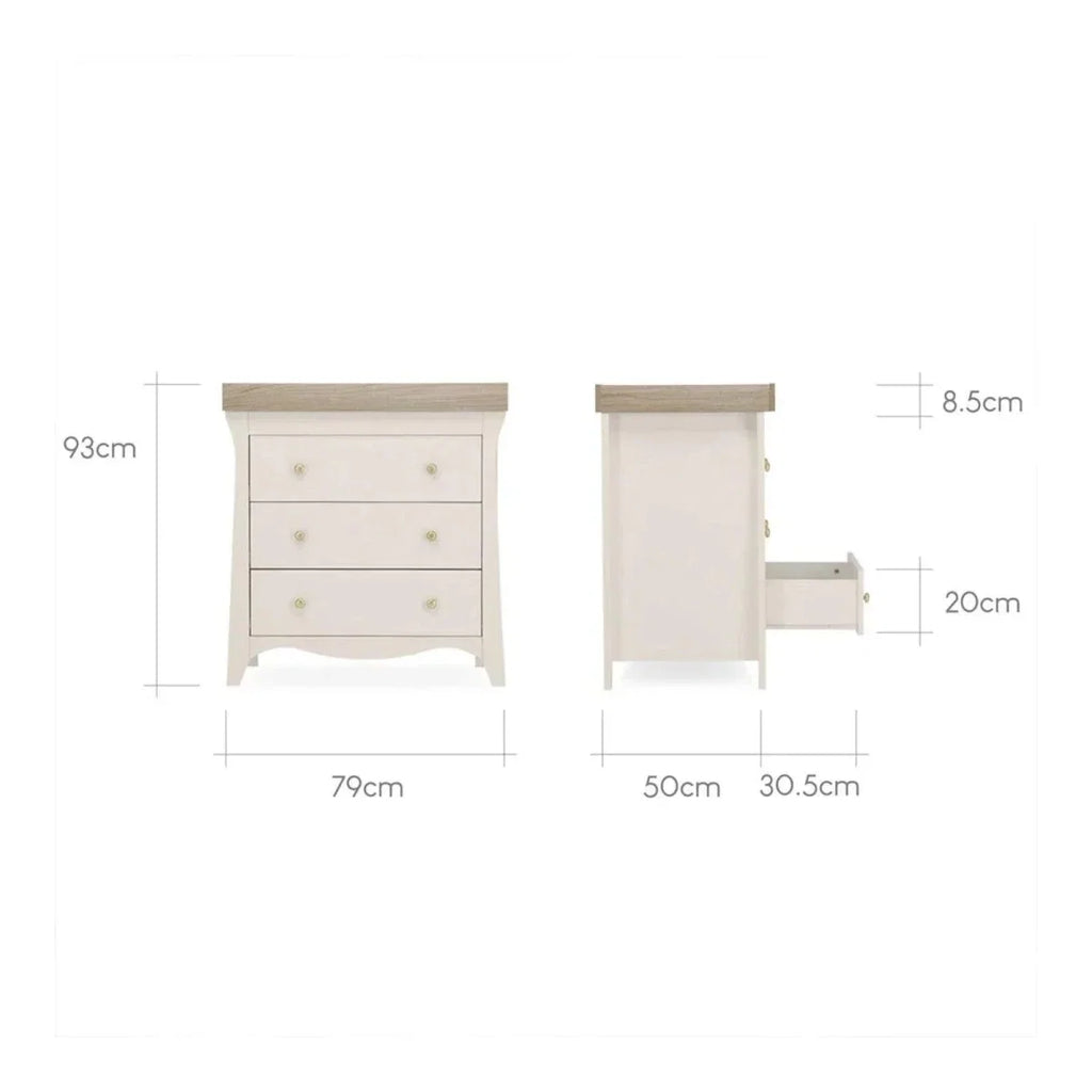 White 3-drawer dresser with dimension markers: 79cm x 93cm x 50cm