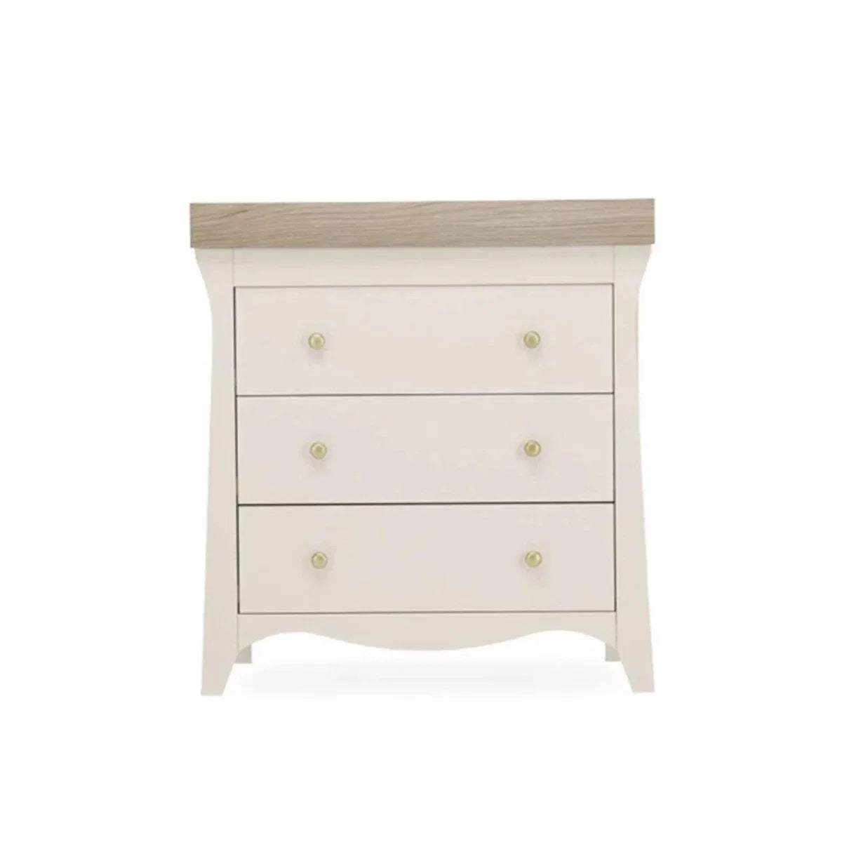 White dresser changer with flat top, three drawer fronts, and gold knobs