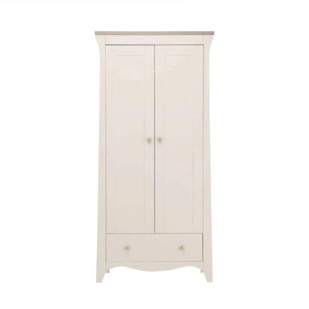 White freestanding 2-door wardrobe with gold knobs and curved base