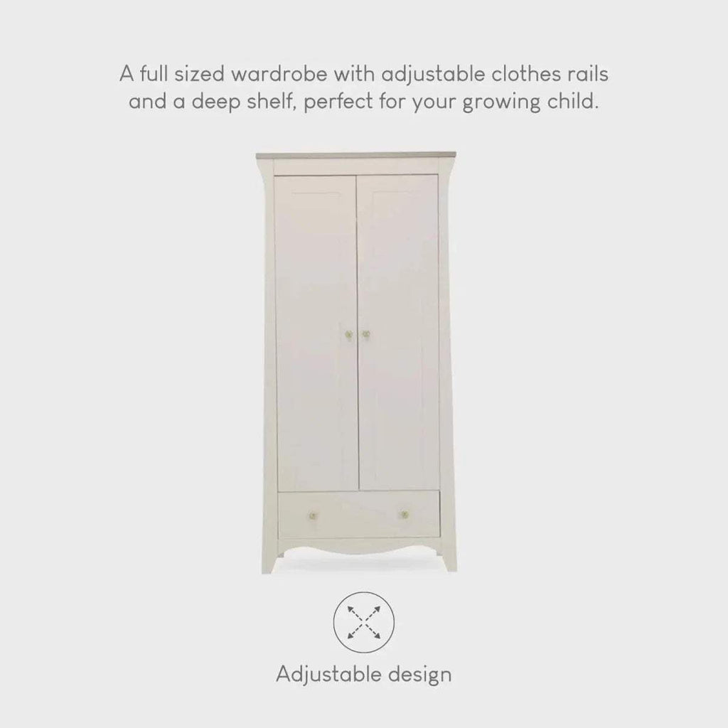 White 2-door wardrobe with gold knobs and bottom drawer