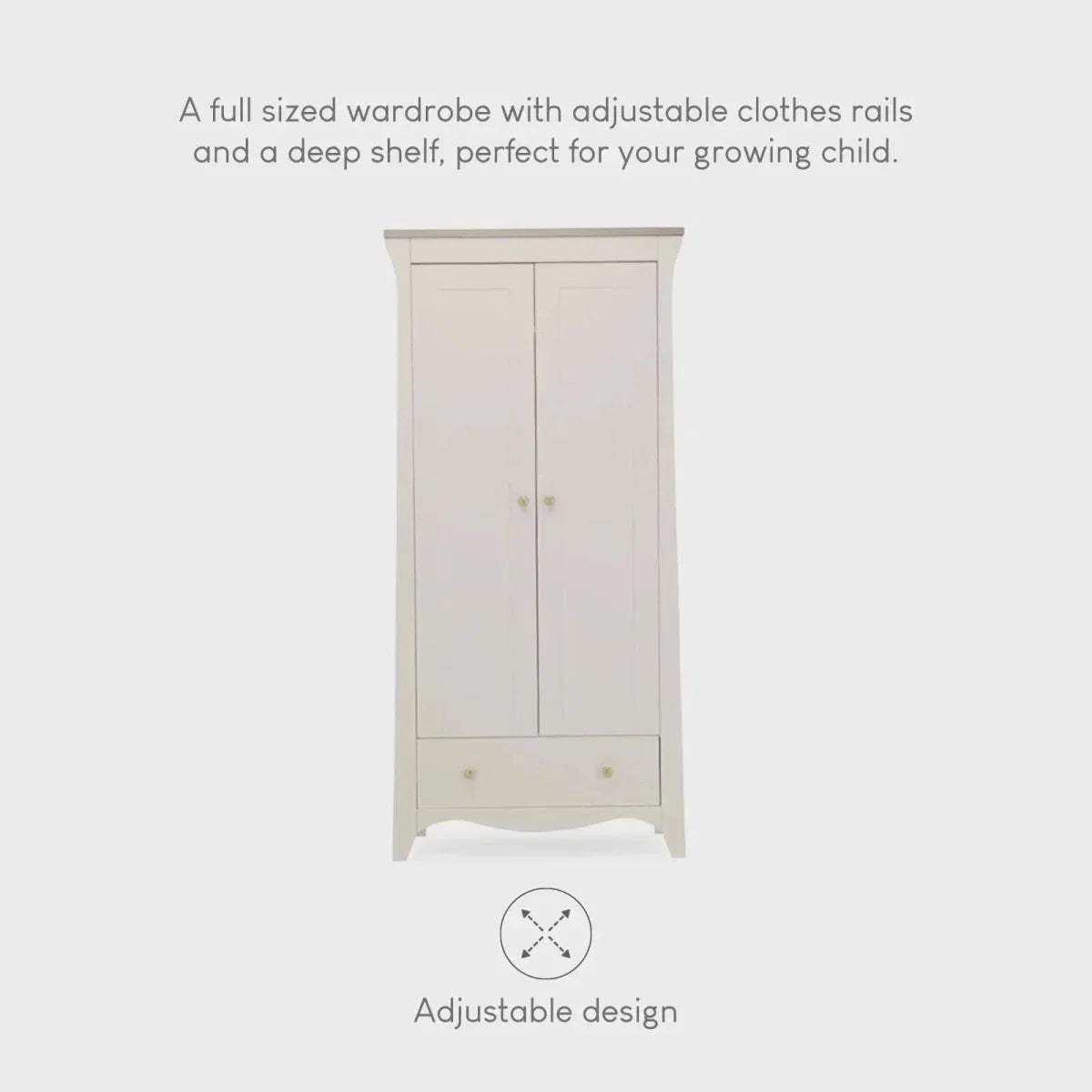 White 2-door wardrobe with gold knobs and bottom drawer