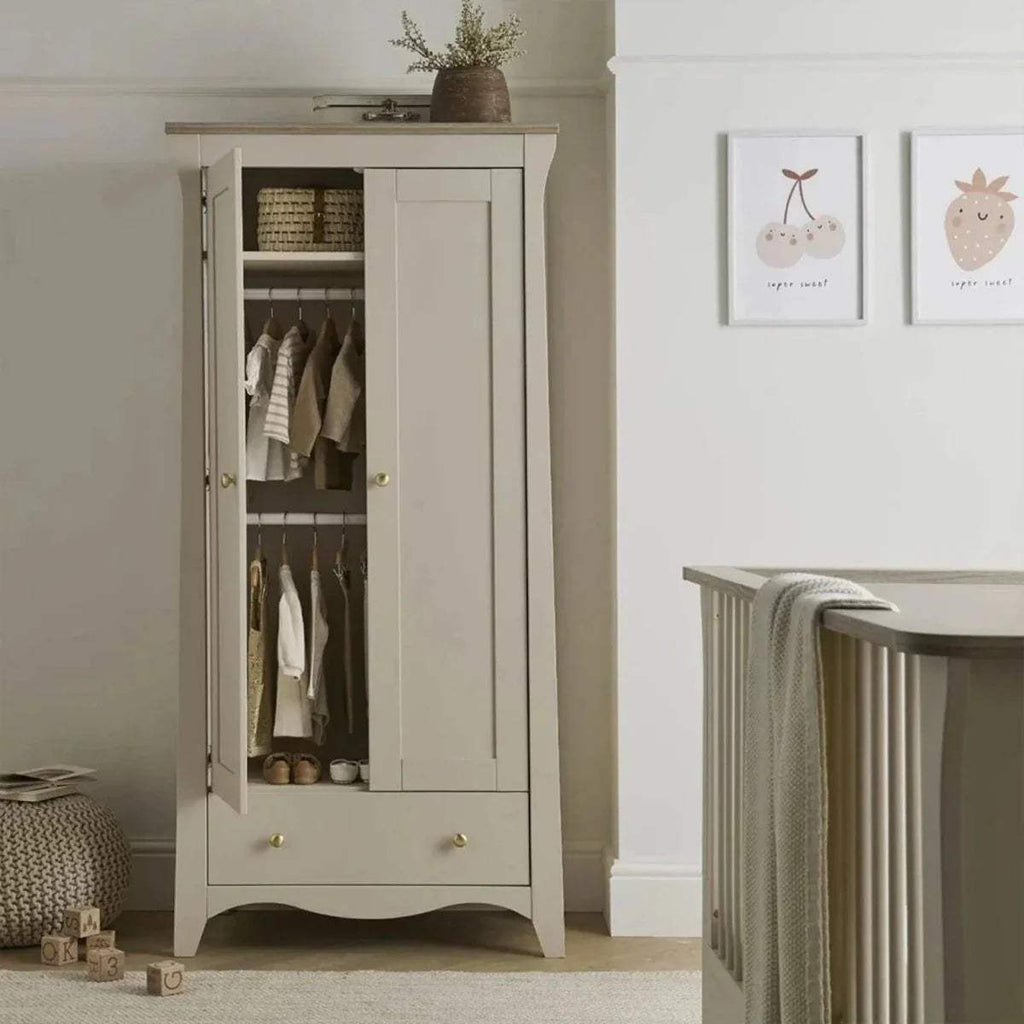 White 2-door wardrobe open view with hanging rail, shelves, and drawer