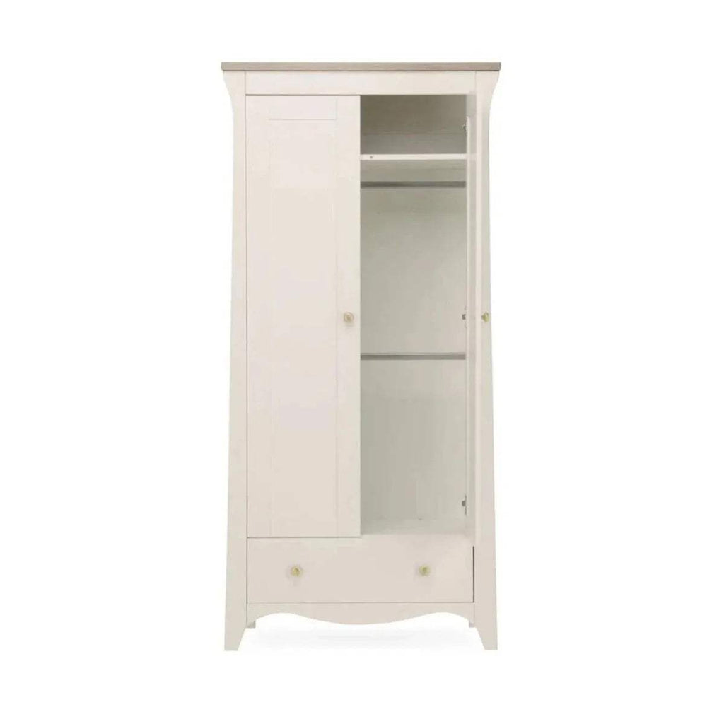 White open wardrobe with two doors, top shelf, and hanging rail
