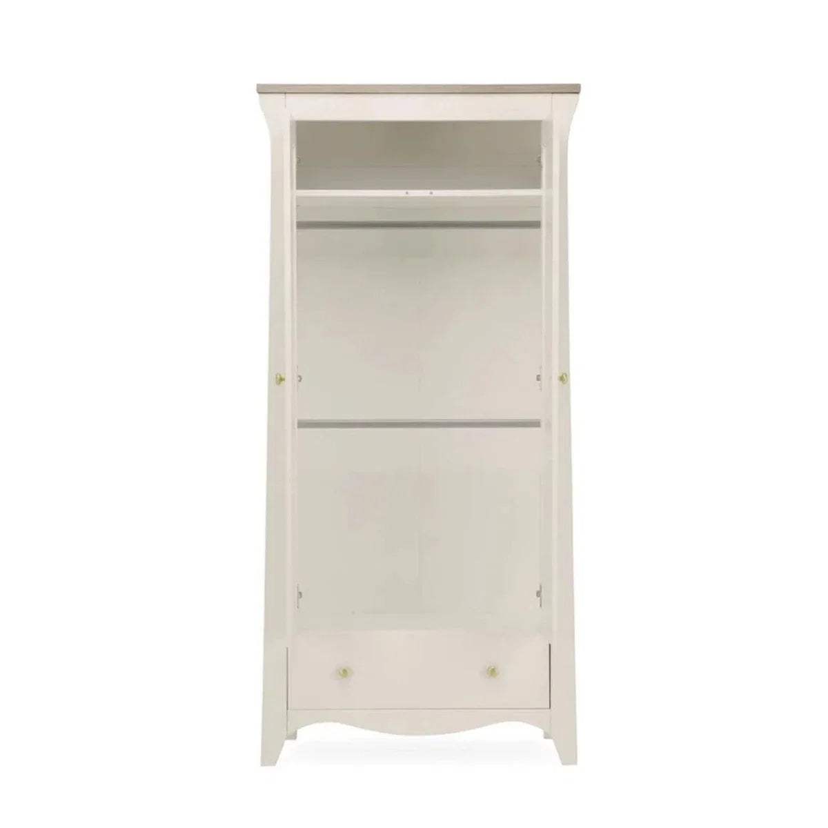 White wardrobe open inside with shelf and hanging rail, gold hinges