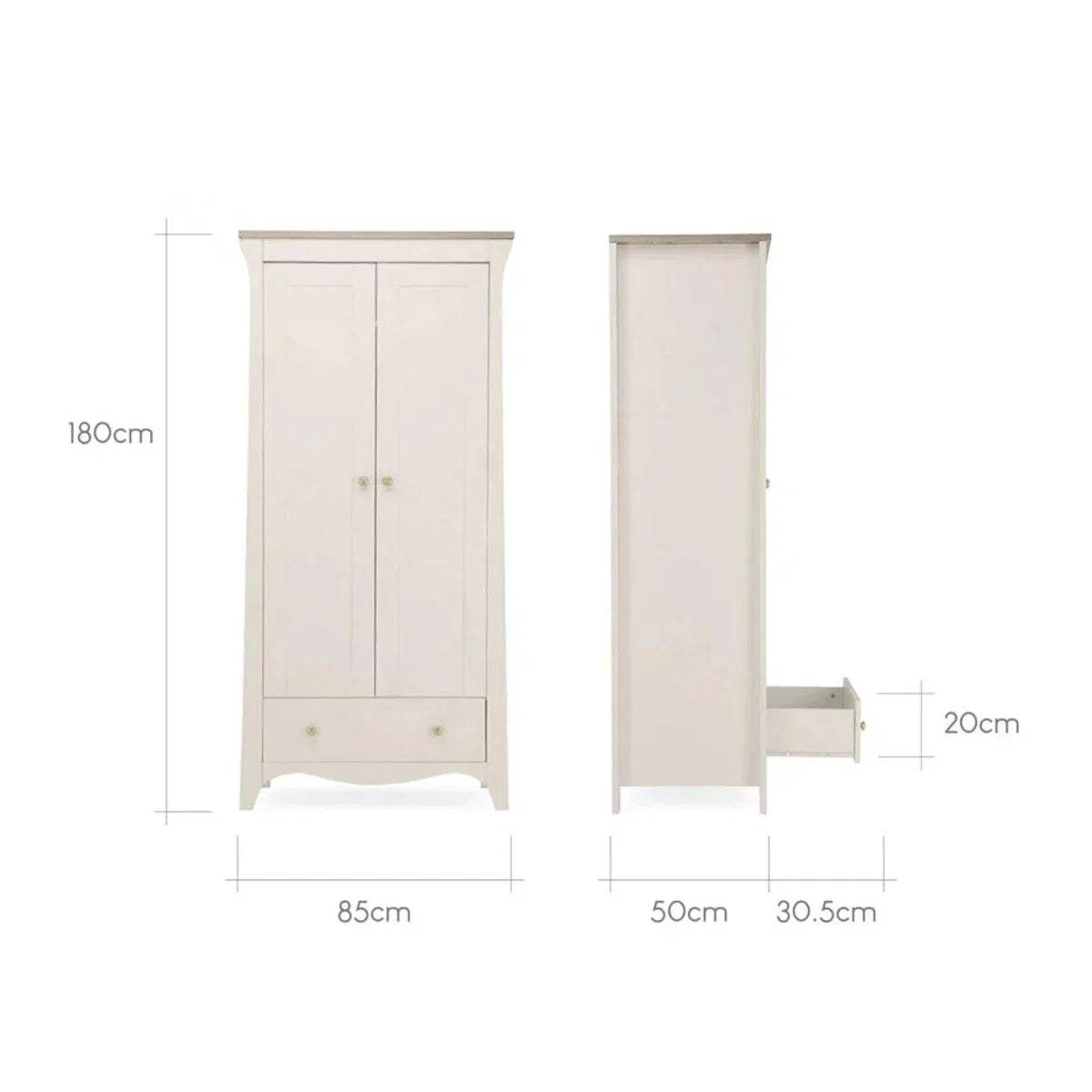 White nursery wardrobe with dimensions: 180cm height, 85cm width