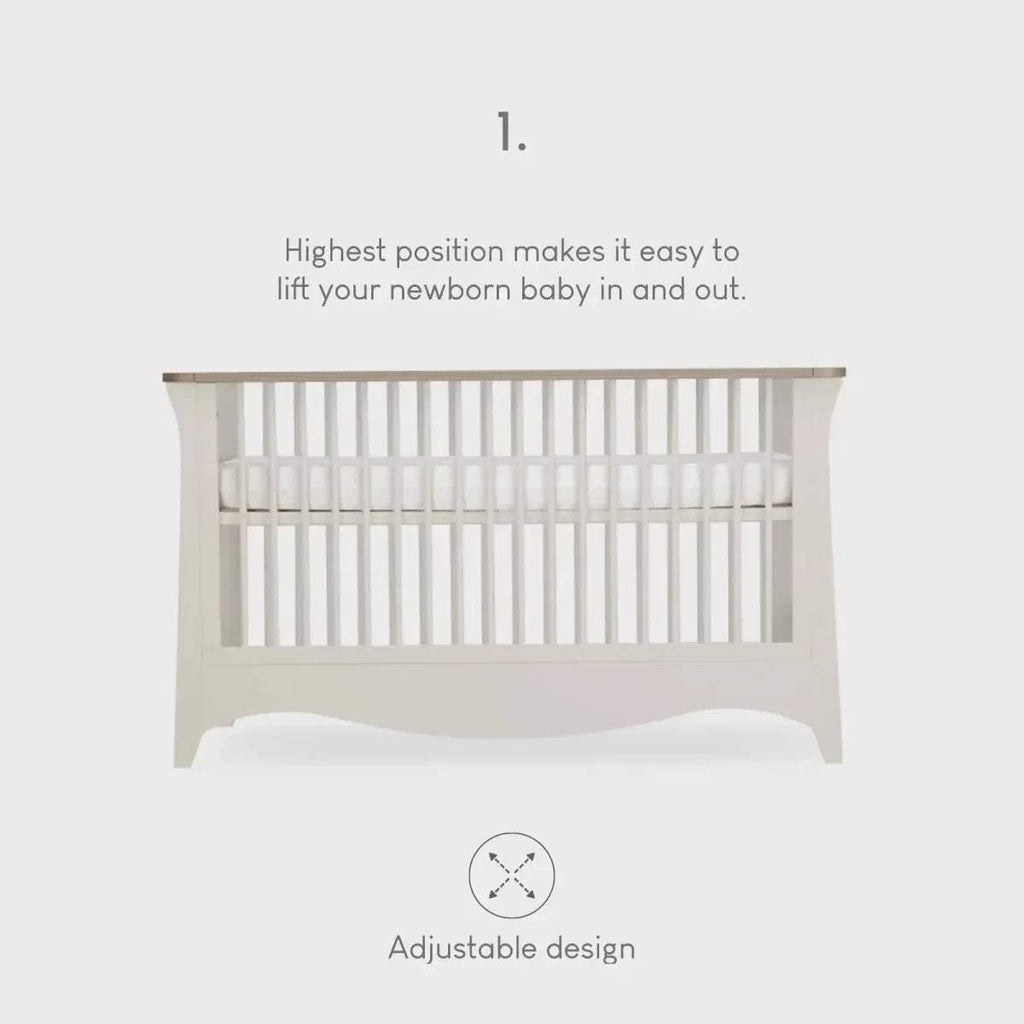 White cot bed end with raised slat rail, adjustable height design