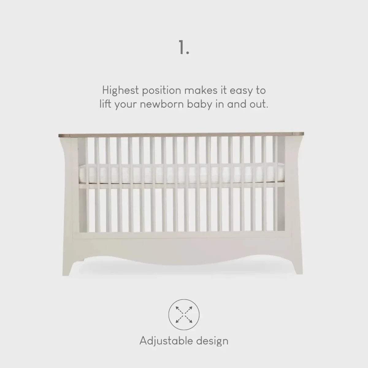 White cot bed end with raised slat rail, adjustable height design