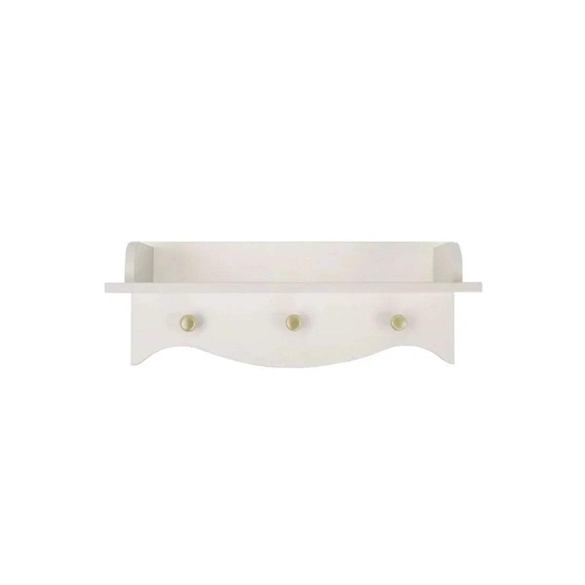 Nursery wall shelf in ash white with scalloped front and three gold knob pegs
