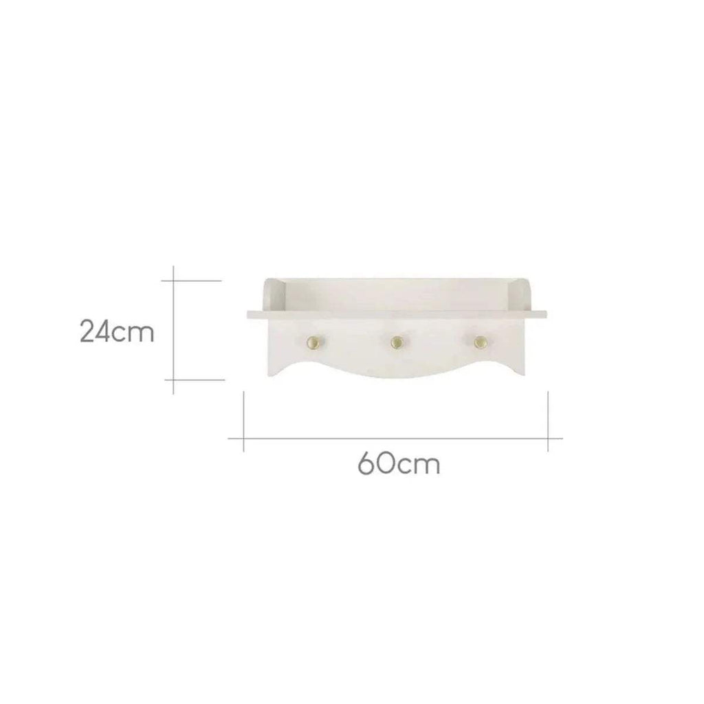 Nursery wall shelf with scalloped front, three gold knob pegs; size 60cm x 24cm