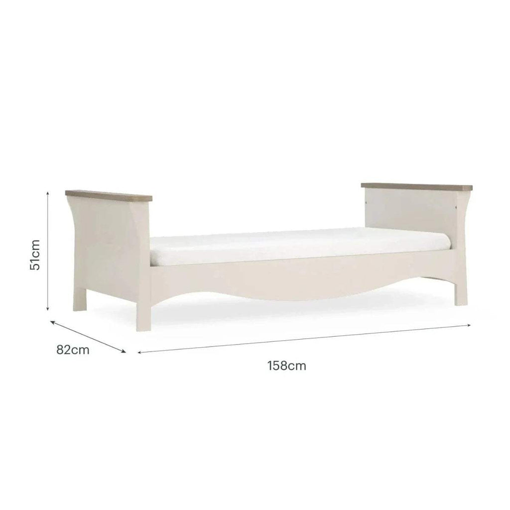 Cream toddler bed with size diagram: 158cm L, 82cm W, 51cm H