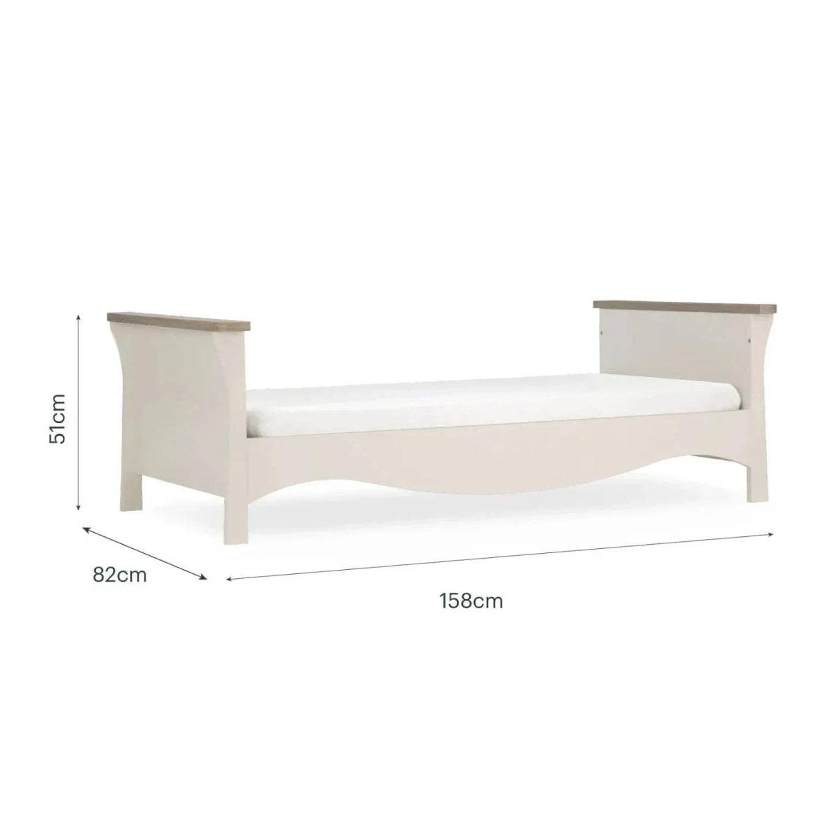 Cream toddler bed with size diagram: 158cm L, 82cm W, 51cm H
