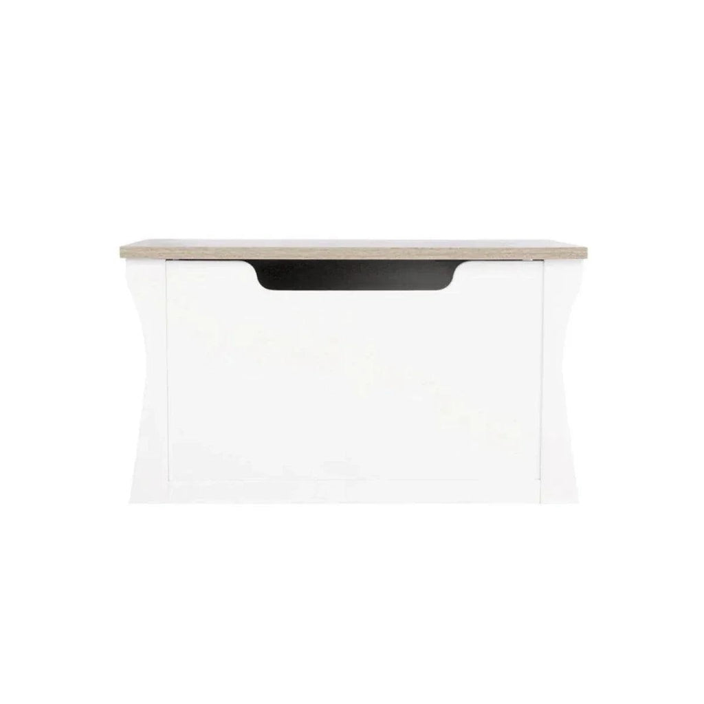 White storage box with light wood lid and curved front handle recess