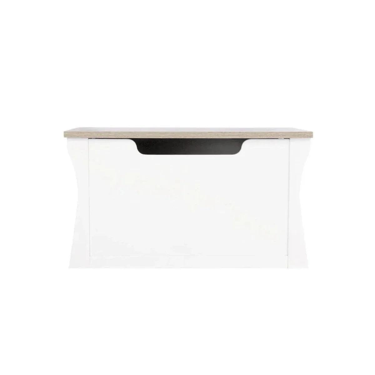 White storage box with light wood lid and curved front handle recess
