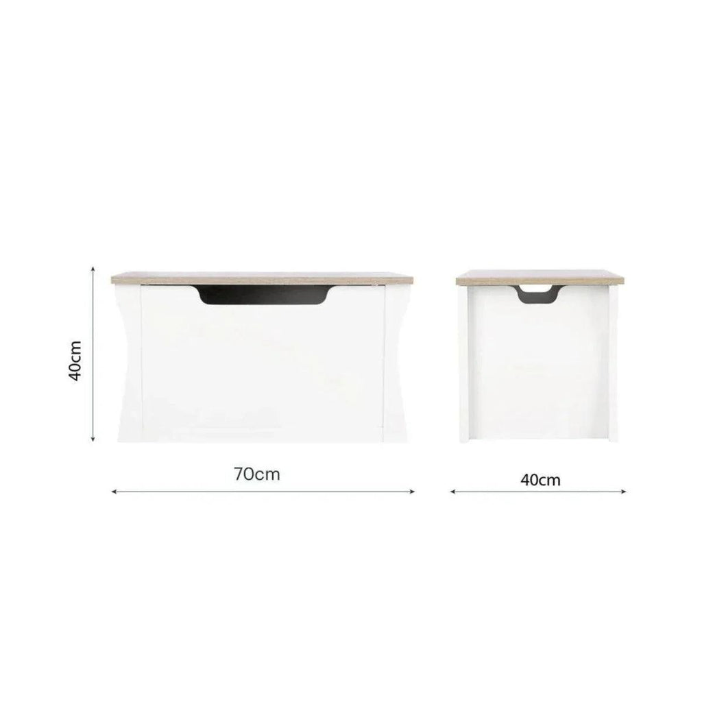 White storage box size 70cm wide, 40cm high, with wood top and handle recess