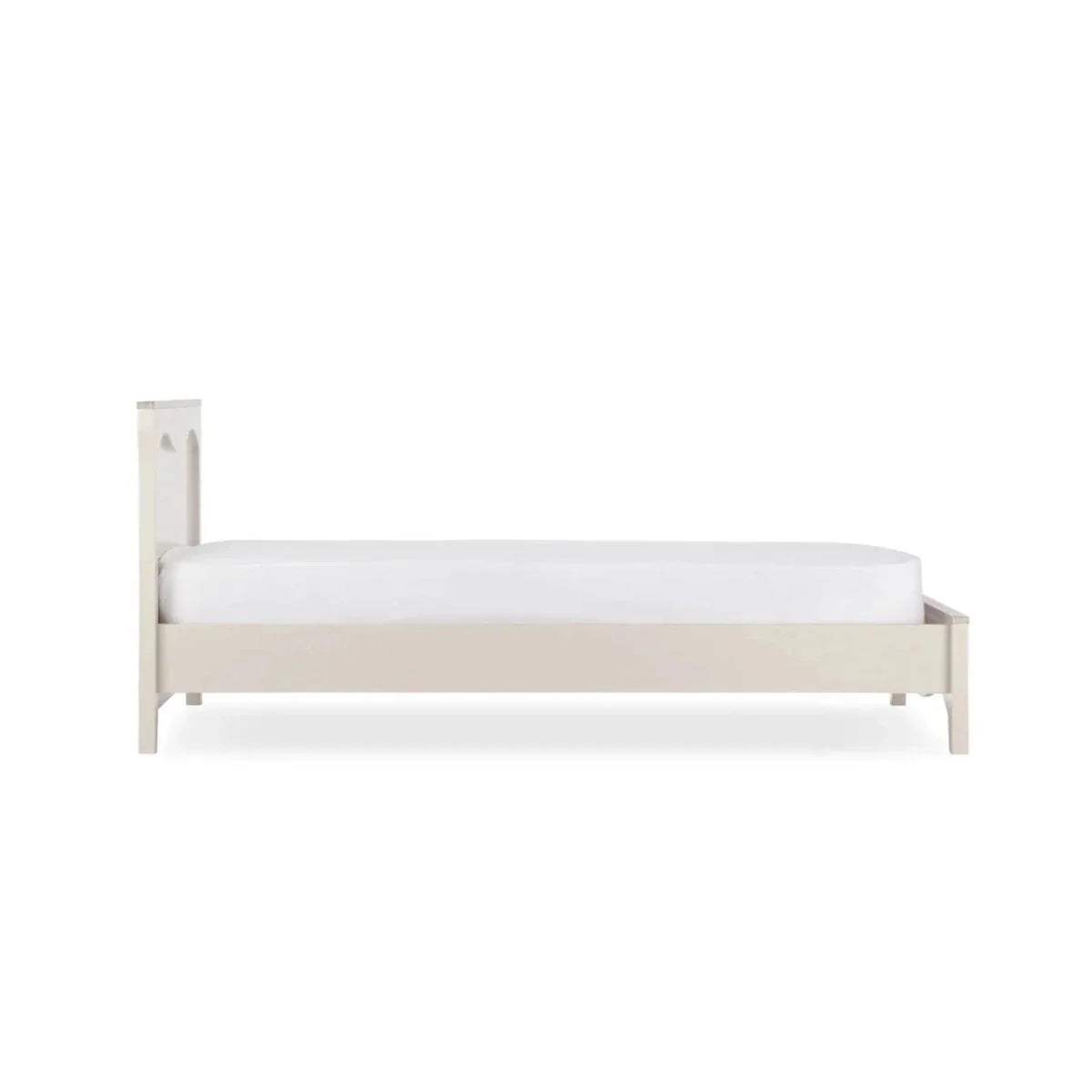 Cashmere-ash single bed frame with white mattress base, front view