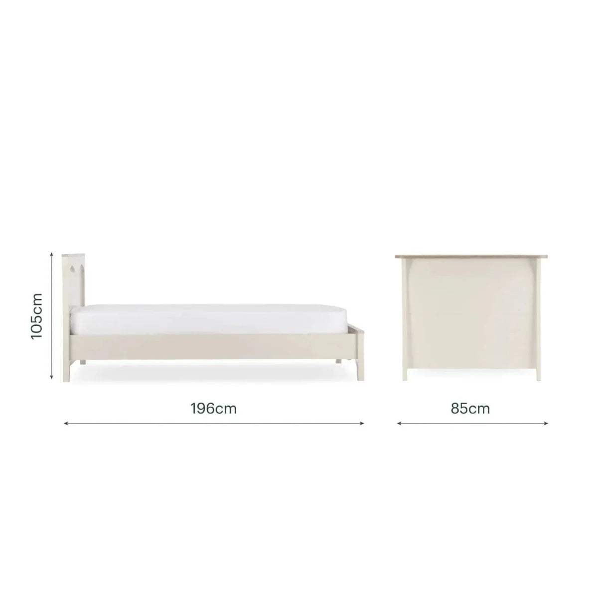 Cashmere-ash single bed dimensions: 196cm length, 105cm height, 85cm width