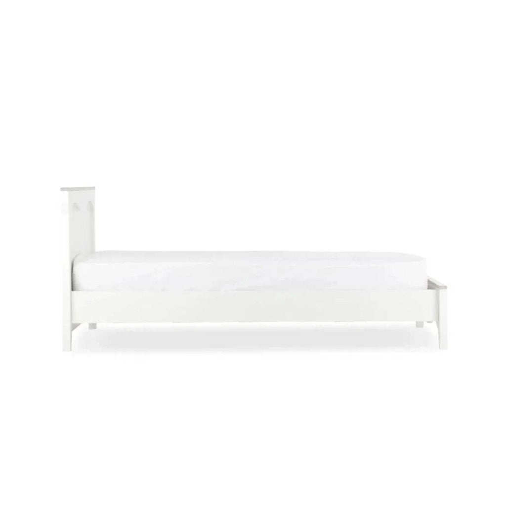 White single bed frame with slatted sides and low profile headboard