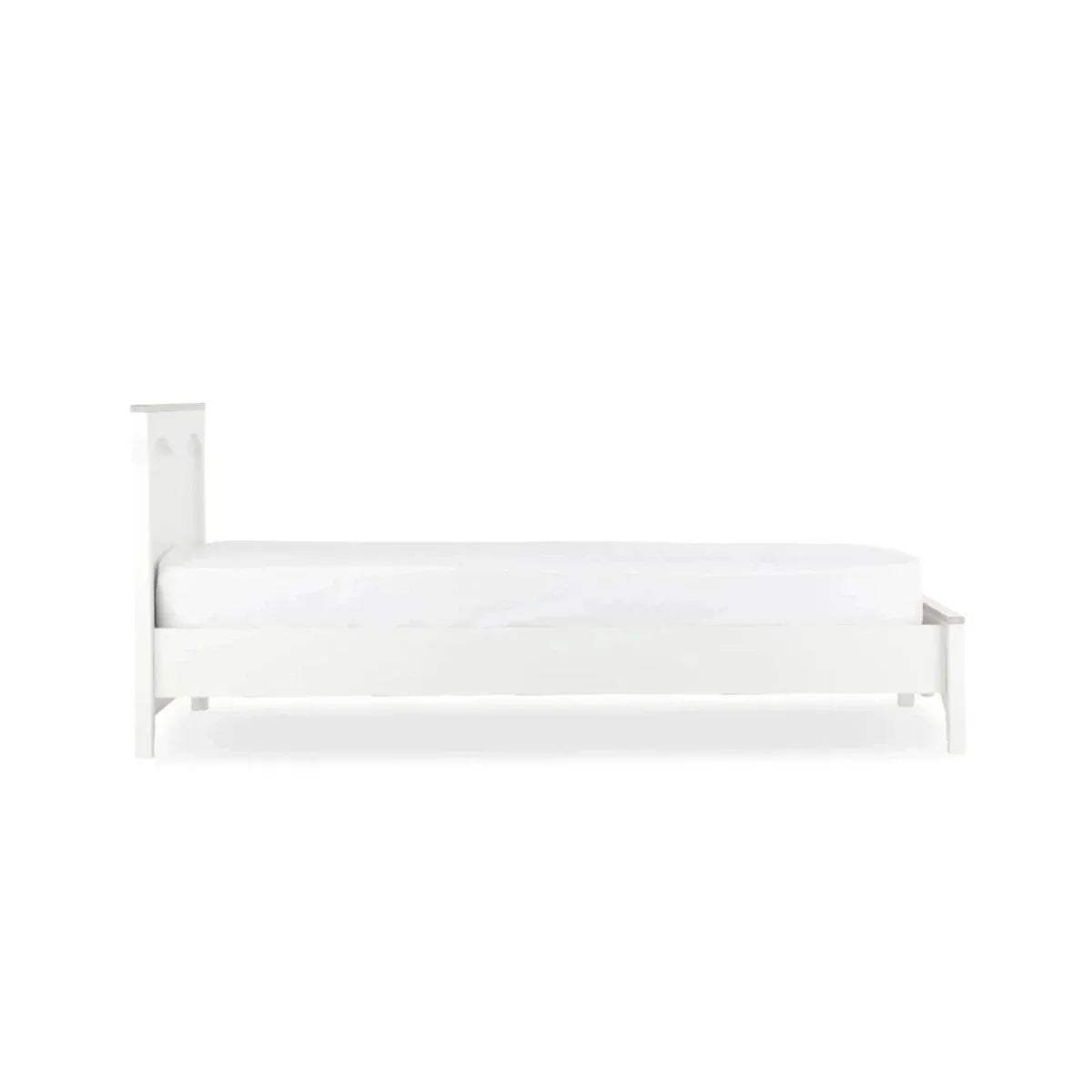 White single bed frame with slatted sides and low profile headboard