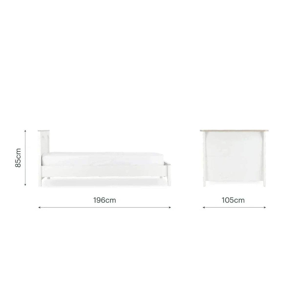 Dimensions: 196x105cm single bed, 65cm height, white frame