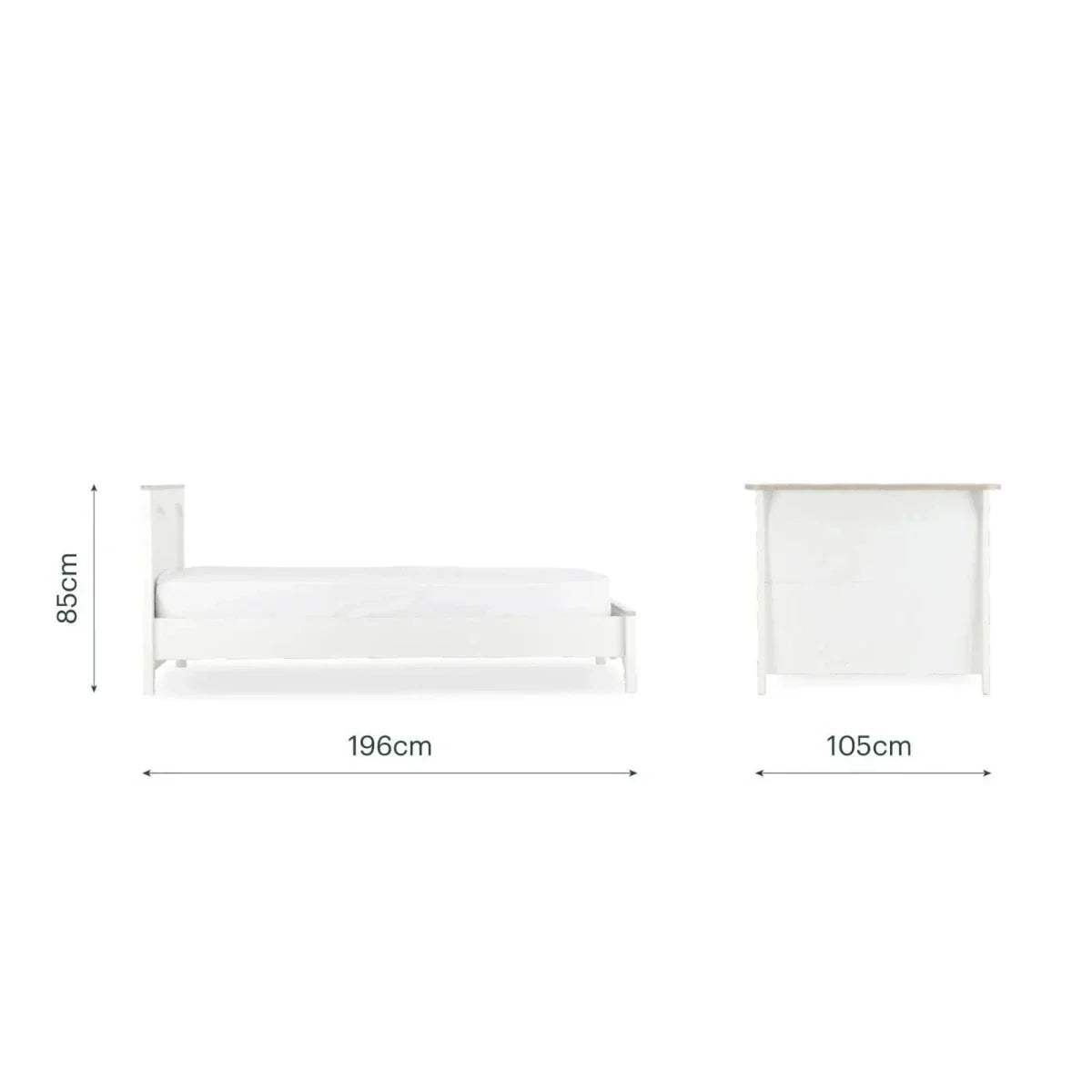 Dimensions: 196x105cm single bed, 65cm height, white frame