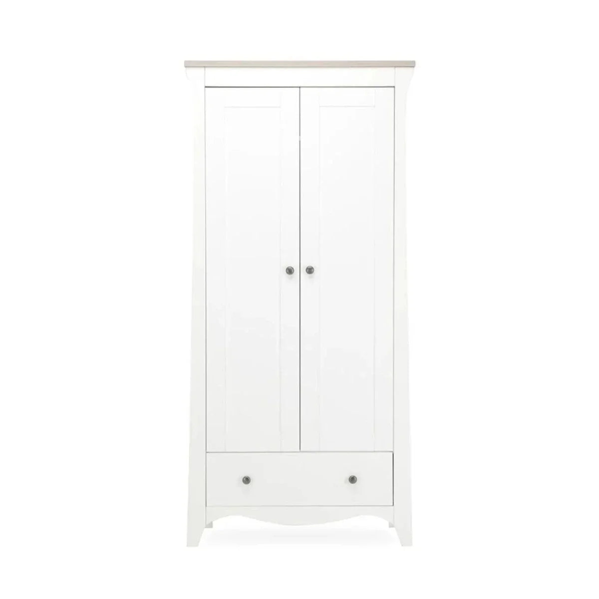 White nursery wardrobe cabinet with two doors and metal knob pulls