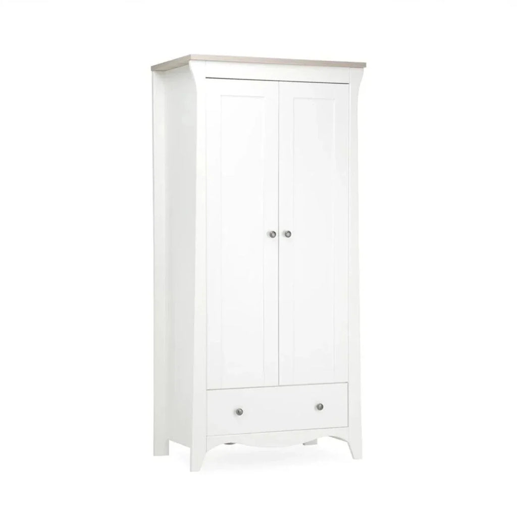 White nursery wardrobe cabinet with two doors and two lower pulls