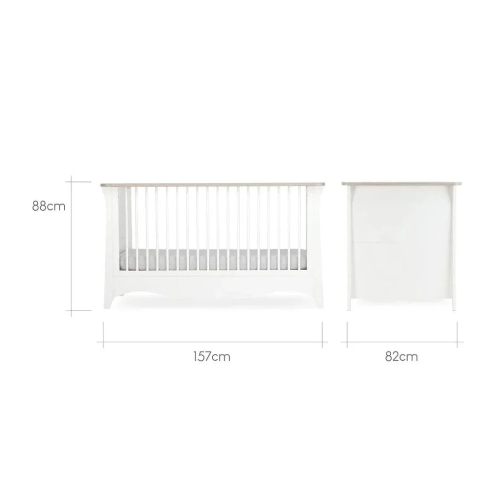 White nursery crib size diagram with 88cm, 157cm, and 82cm labels