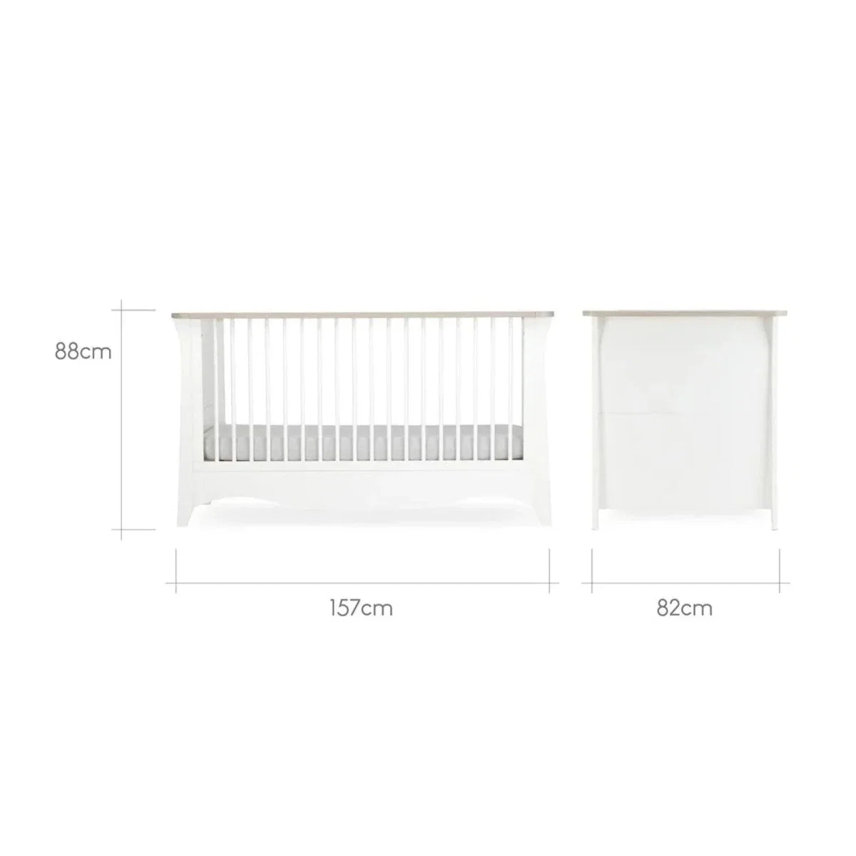 White nursery crib size diagram with 88cm, 157cm, and 82cm labels