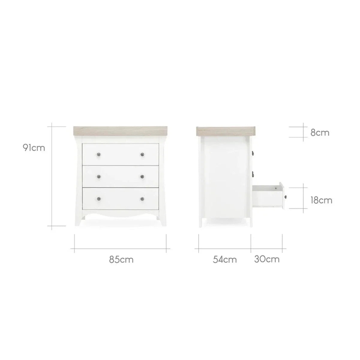 White nursery dresser cabinet with three drawers and matching open side cabinet