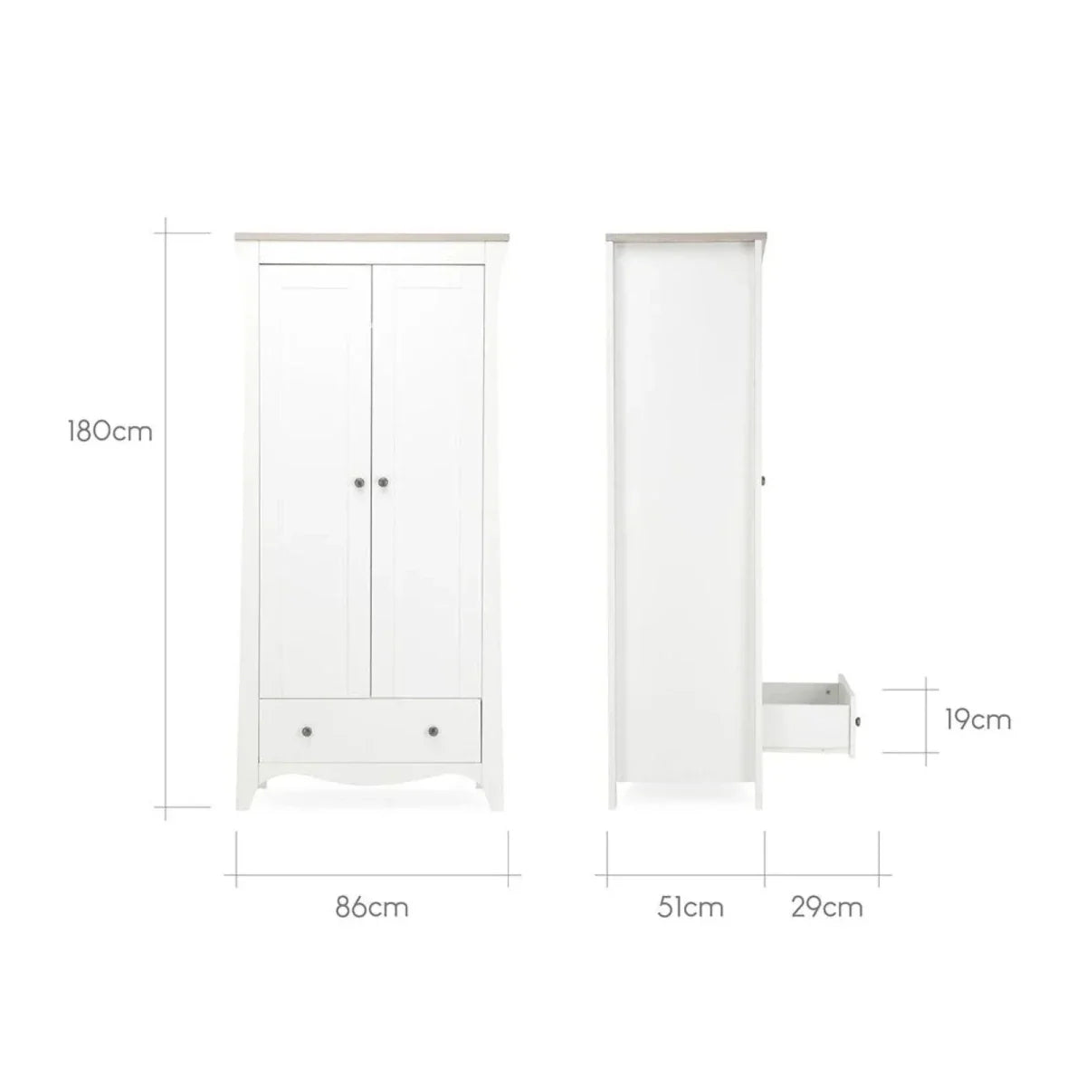 White nursery wardrobe cabinet with double doors and open side shelf section