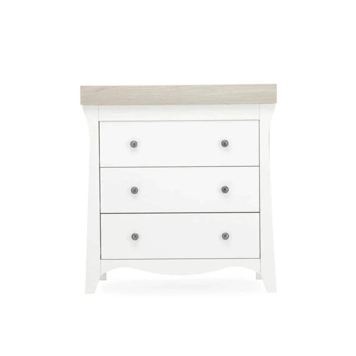 White 3-drawer dresser changer, front view with metal knob pulls and top rail