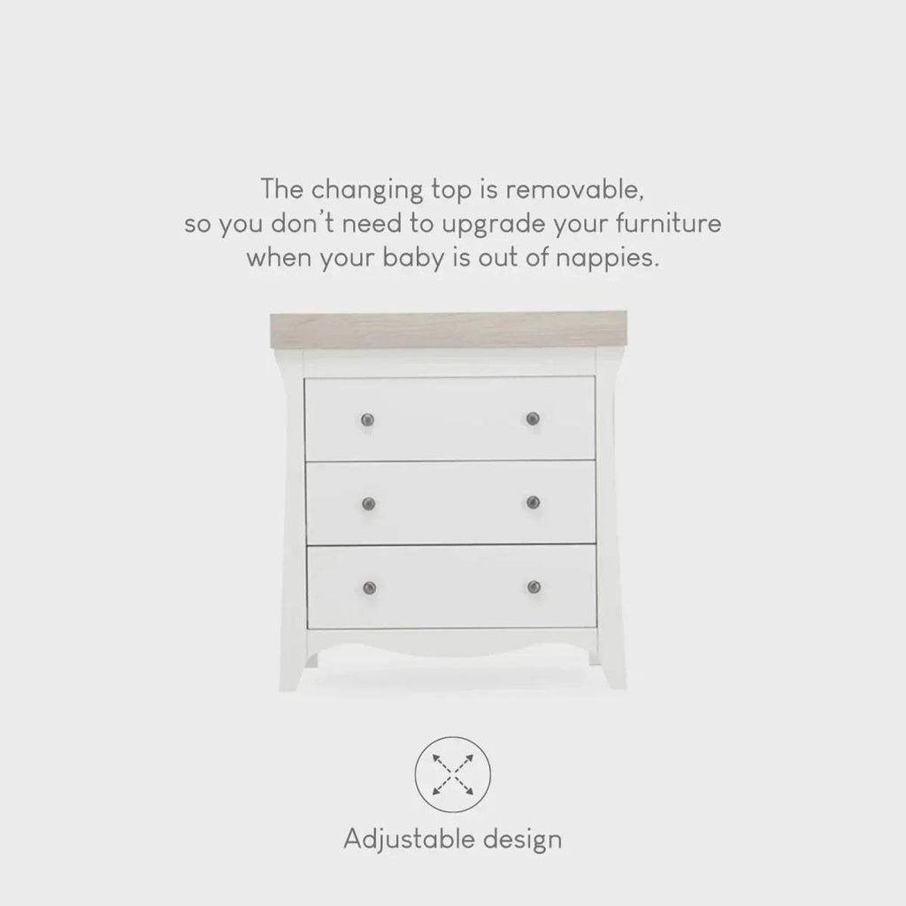 White 3-drawer dresser changer with removable changing top, front view
