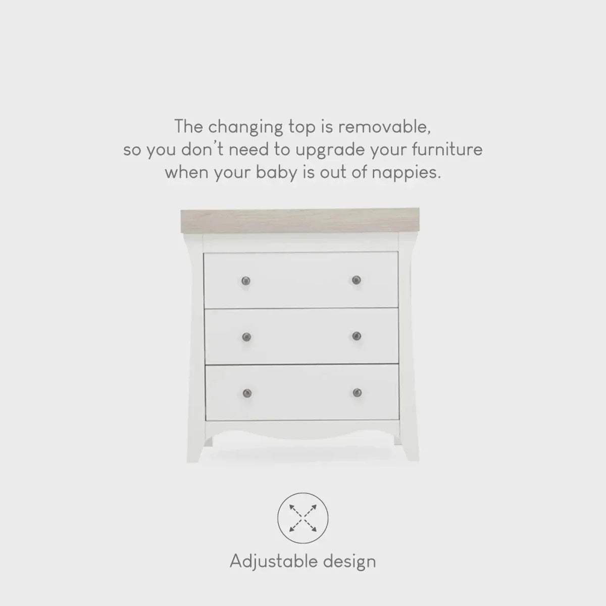 White 3-drawer dresser changer with removable changing top, front view