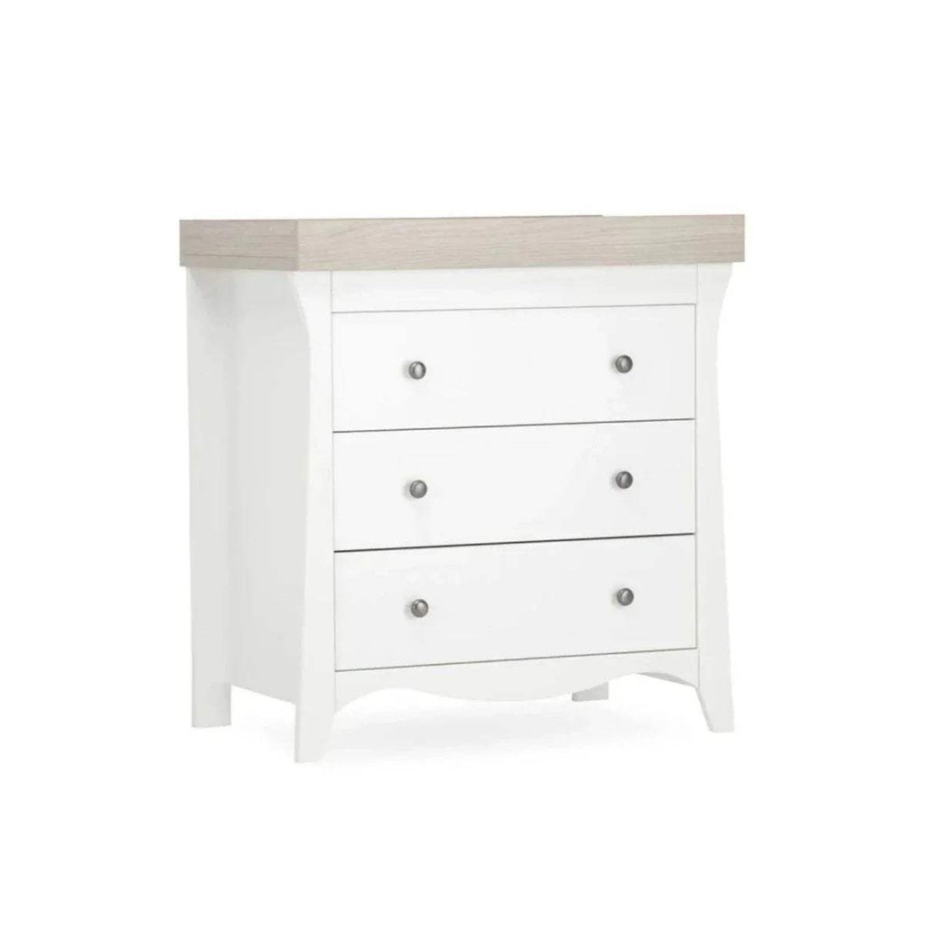 White and ash 3-drawer dresser changer with light wood top rail and metal knob pulls