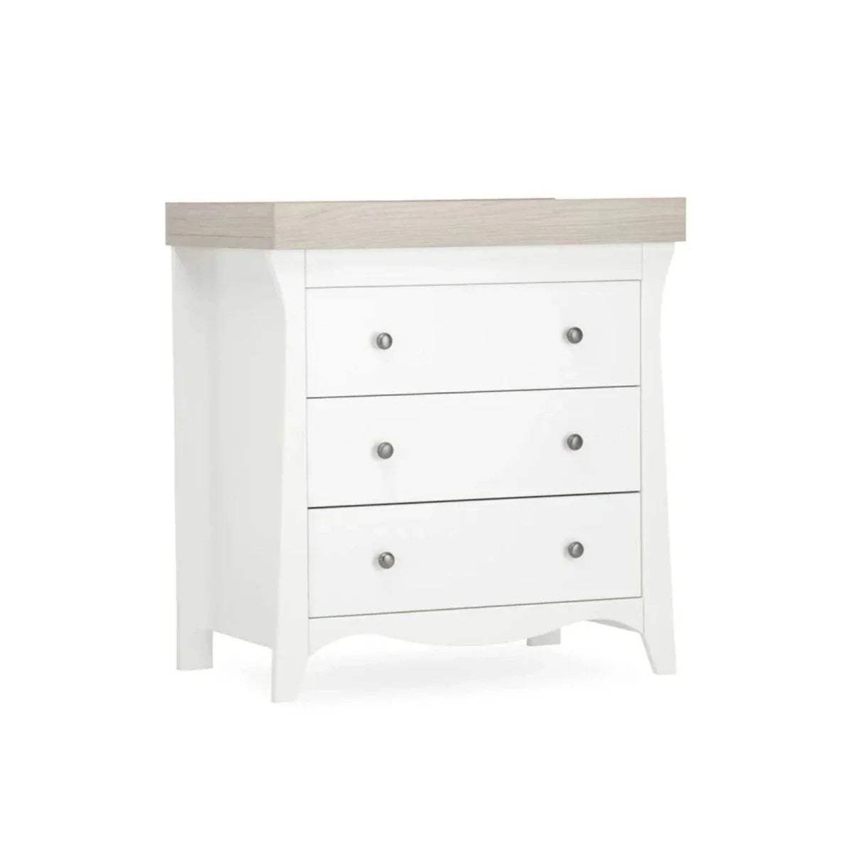 White and ash 3-drawer dresser changer with light wood top rail and metal knob pulls