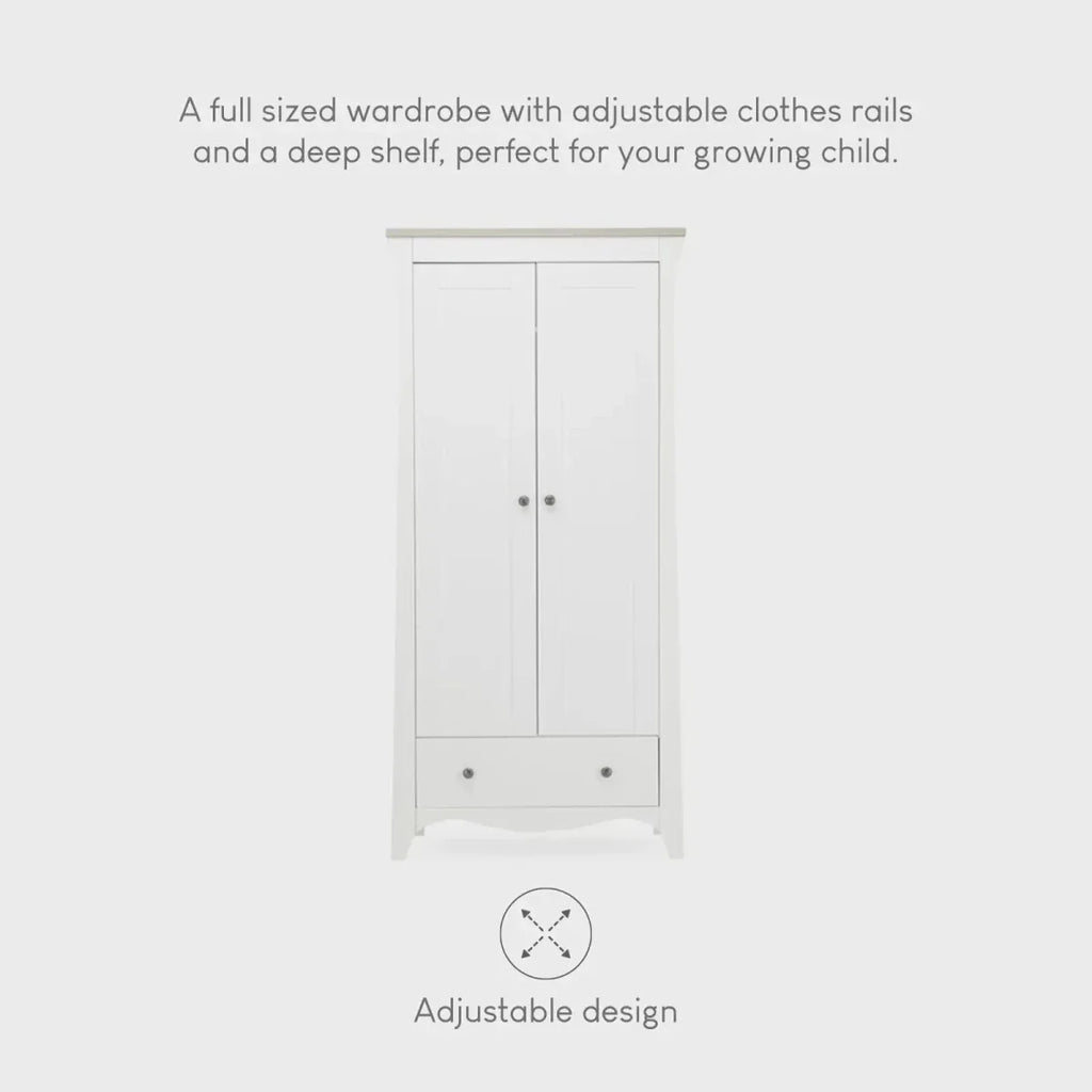 White 2-door wardrobe with adjustable interior rails and deep shelf, front view