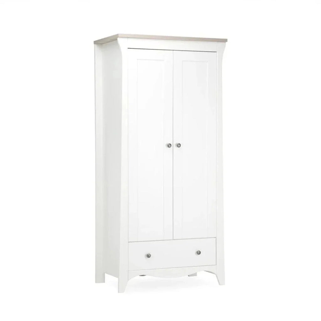 White freestanding wardrobe with two doors and bottom drawers, straight-on view