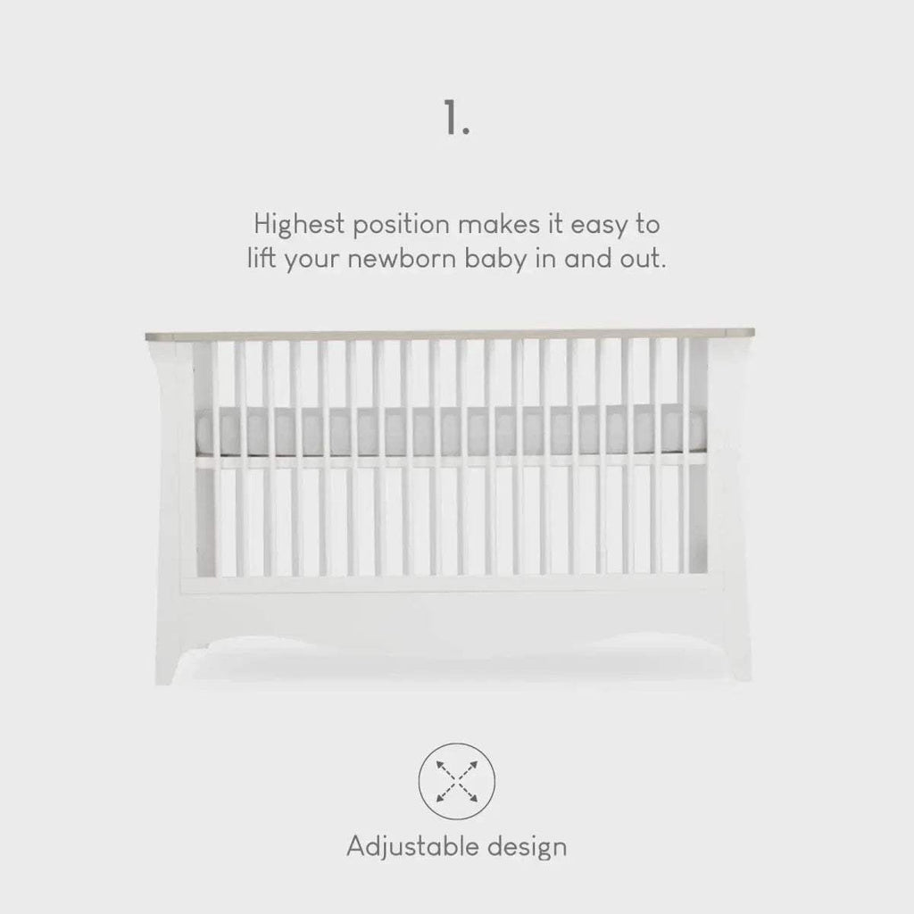 White cot bed diagram with adjustable design callouts and height position 1