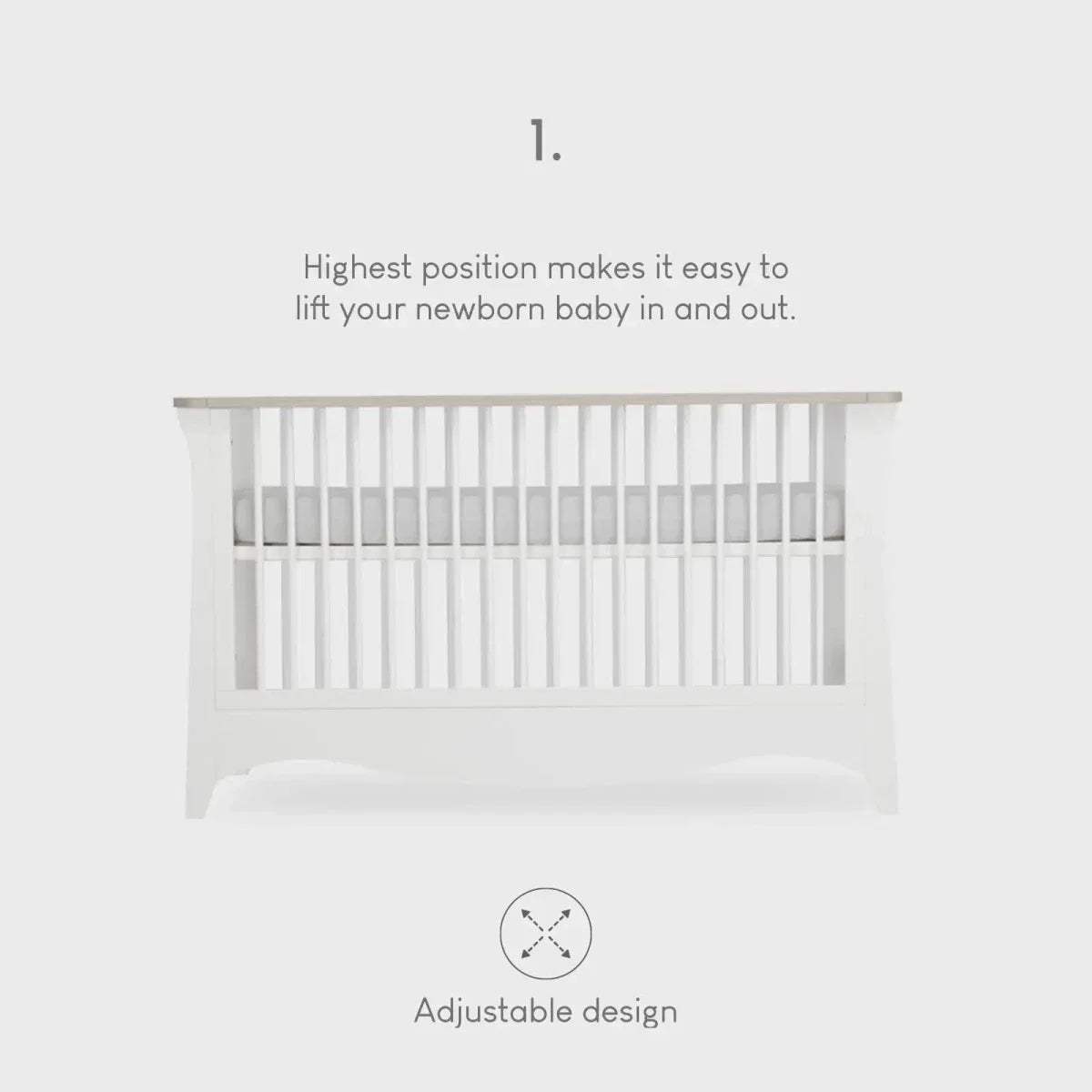 White cot bed diagram with adjustable design callouts and height position 1