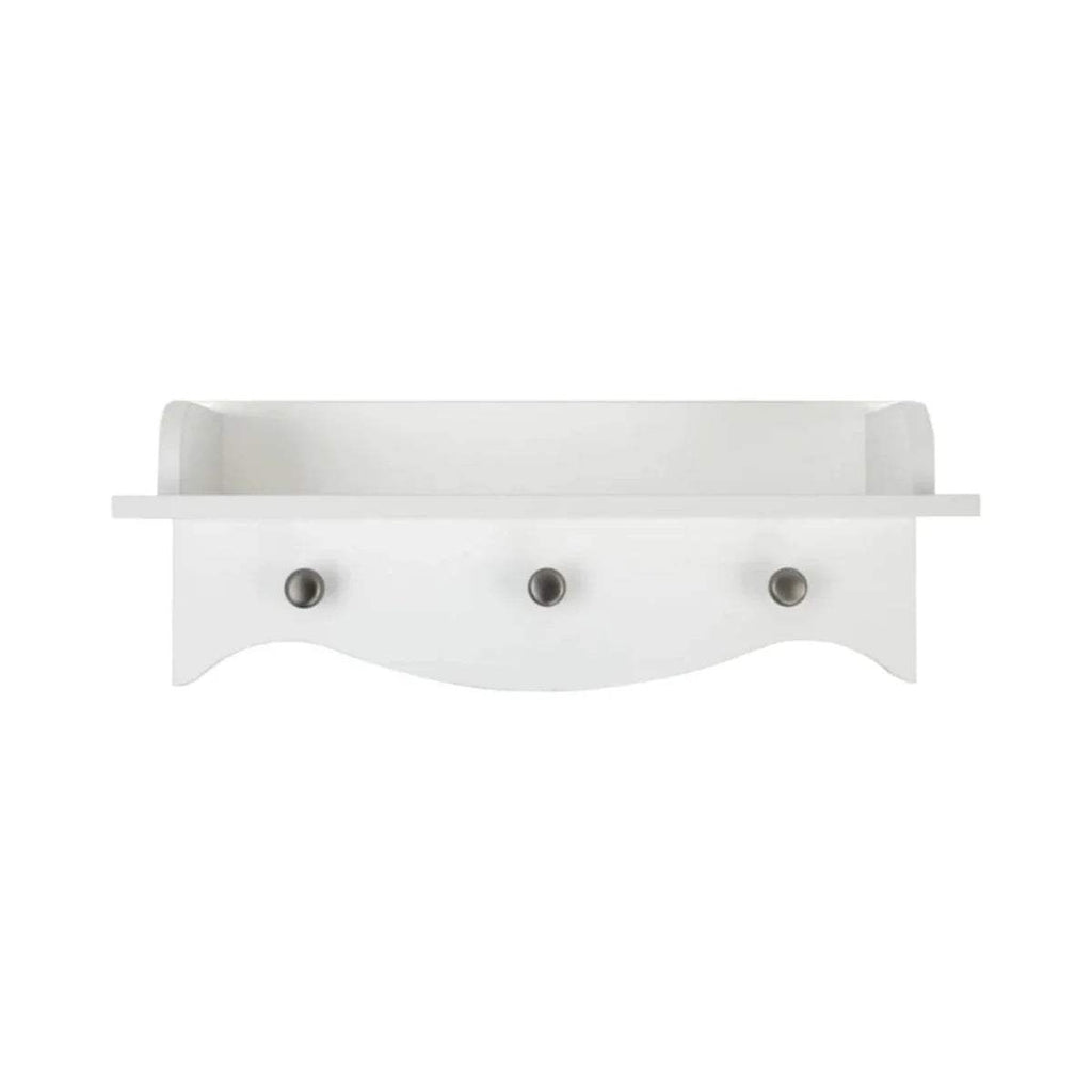 White wall shelf with ledge and three metal knobs for hanging items