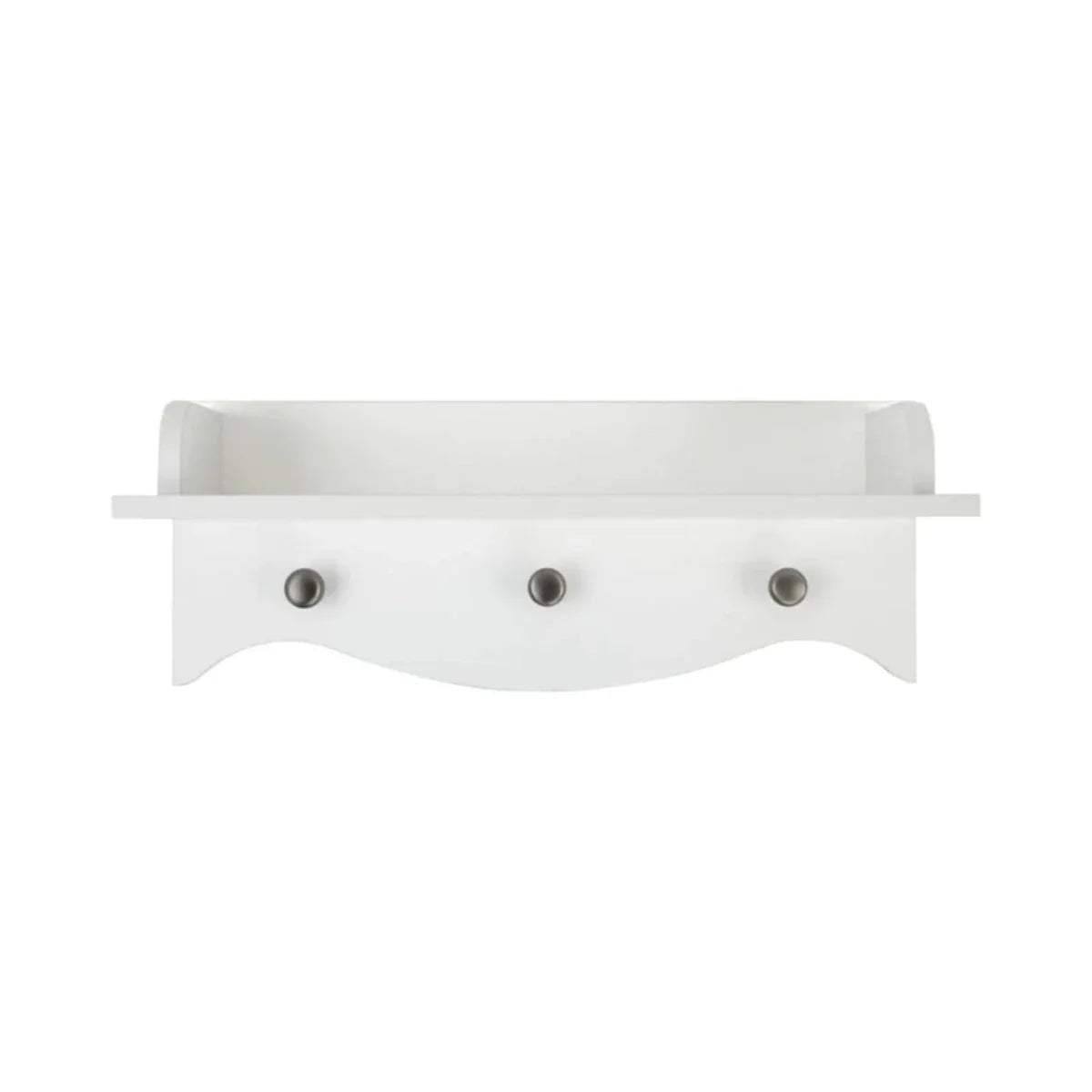 White wall shelf with ledge and three metal knobs for hanging items