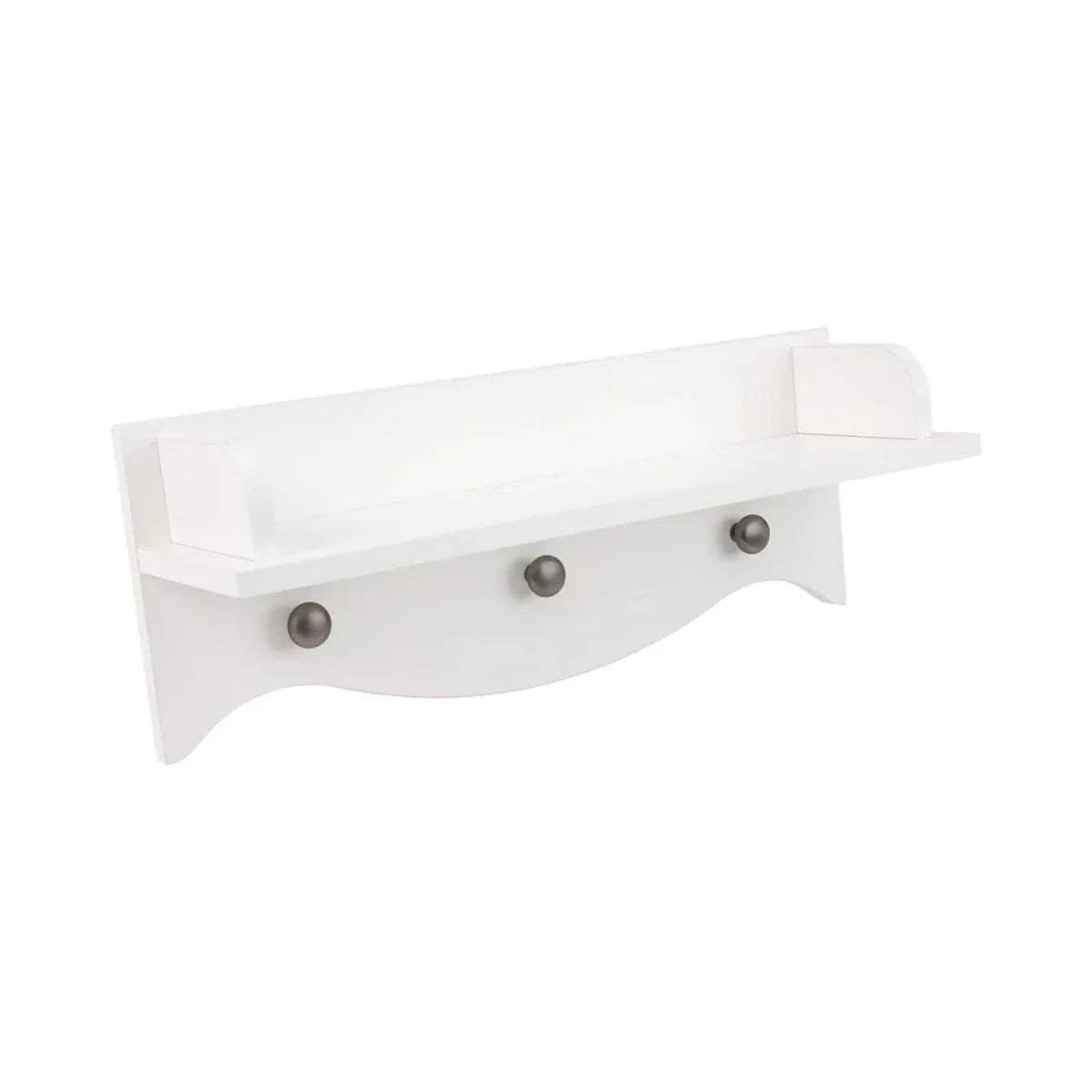 White wall shelf with scalloped front and three metal knobs
