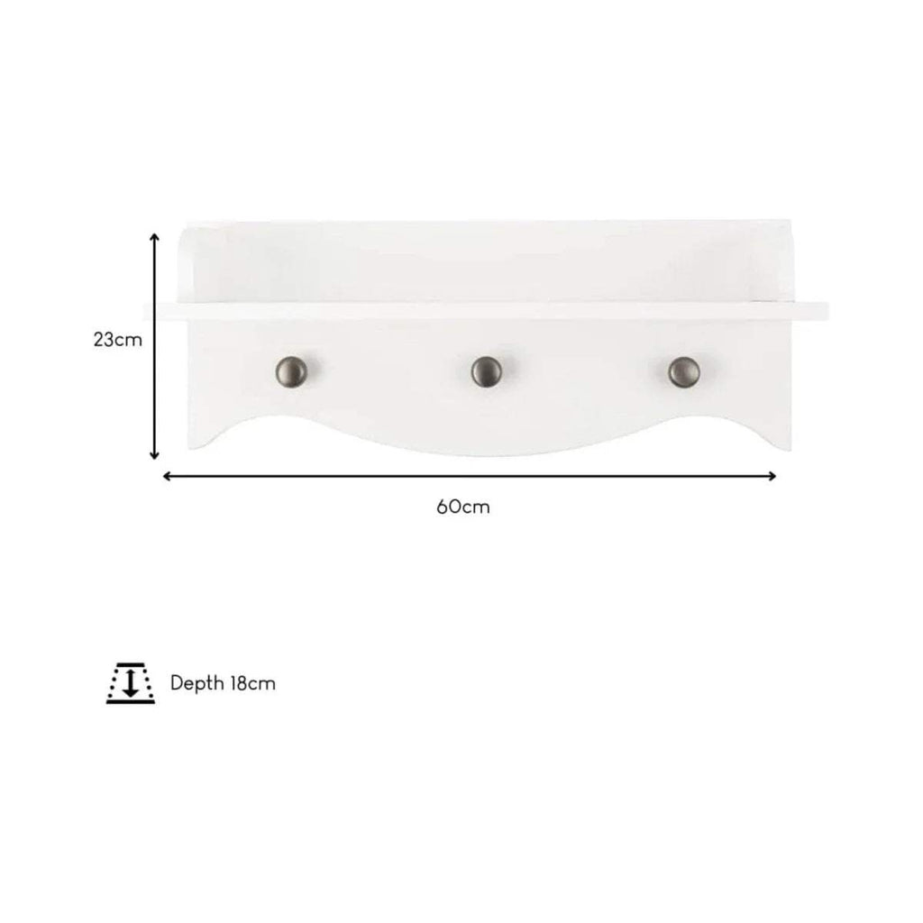 White wall shelf dimensions: 60cm wide, 23cm high, 18cm depth