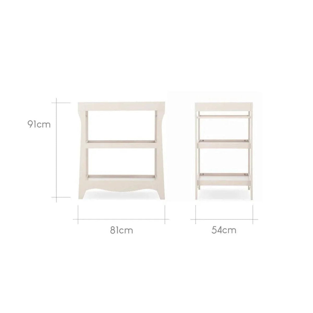 White nursery open-shelf unit and narrow slatted side rack